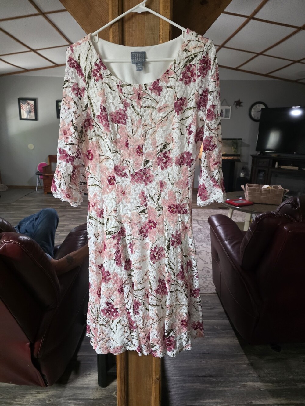 Women's Floral Lace Long-Sleeve Dress in Pink & White